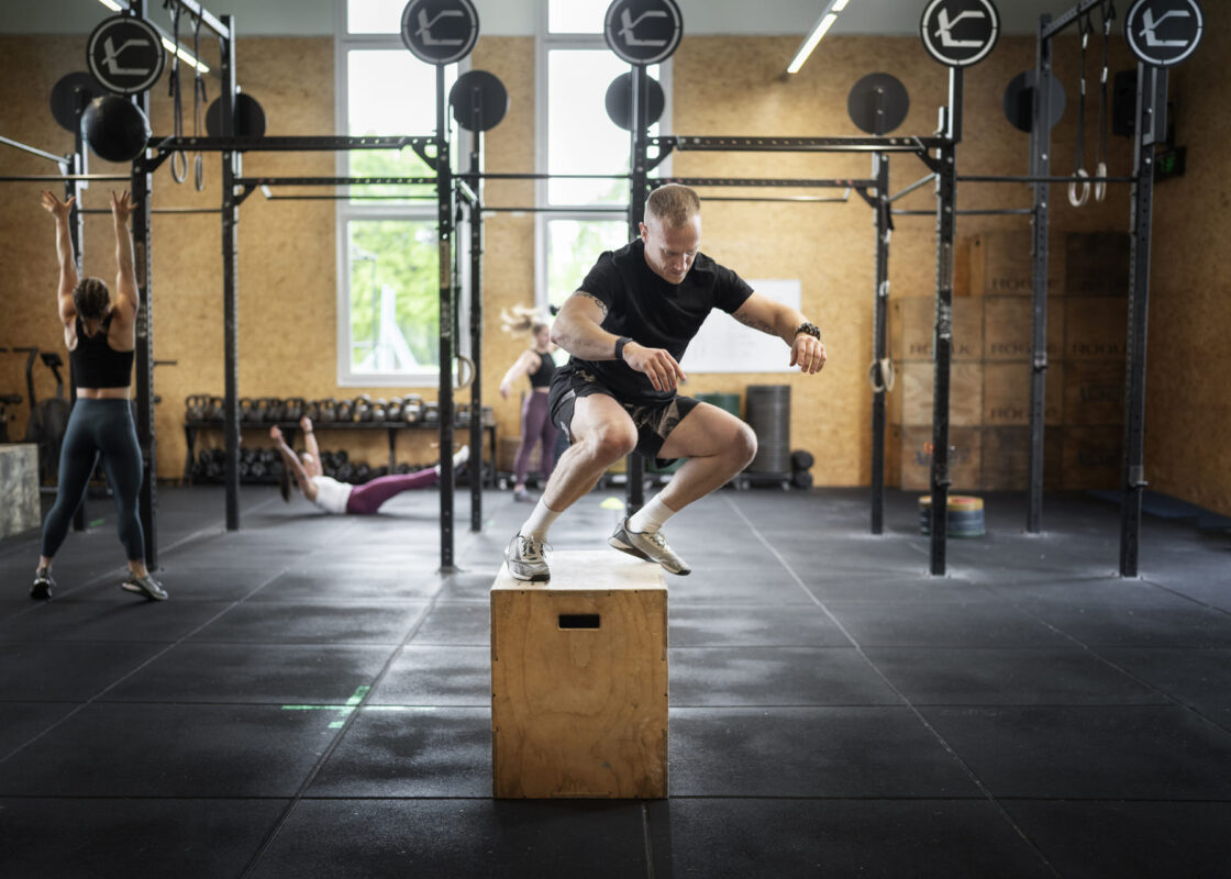 Box completo de crossfit com racks, argolas e acessórios da M1 Fitness.