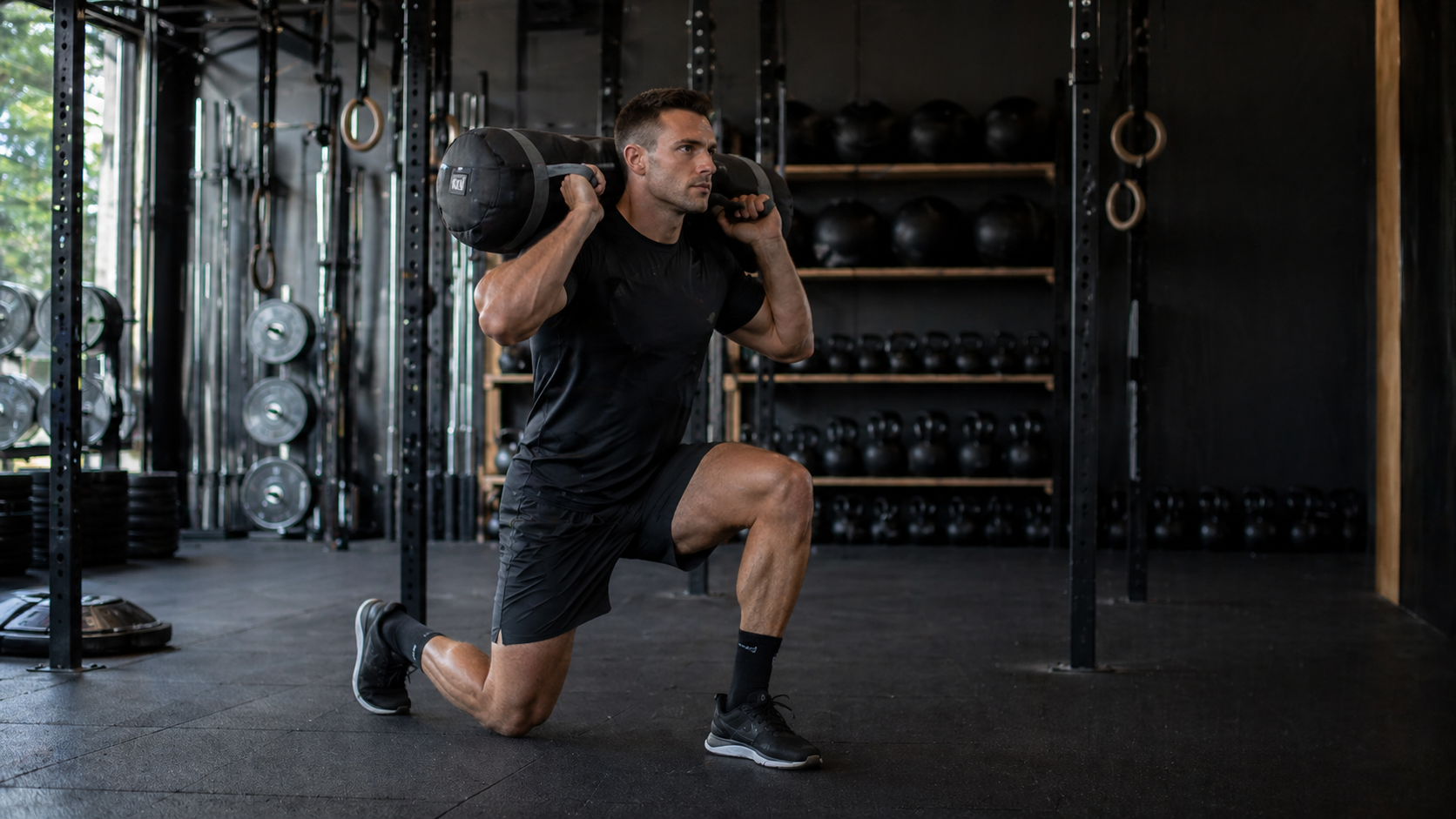 atleta com sandbag nos ombros m1 fitness
