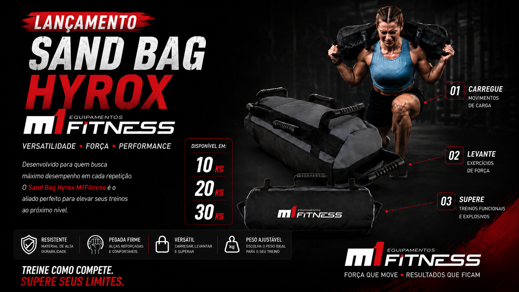 Banner do lançamento da Sand Bag Hyrox da M1 Fitness.